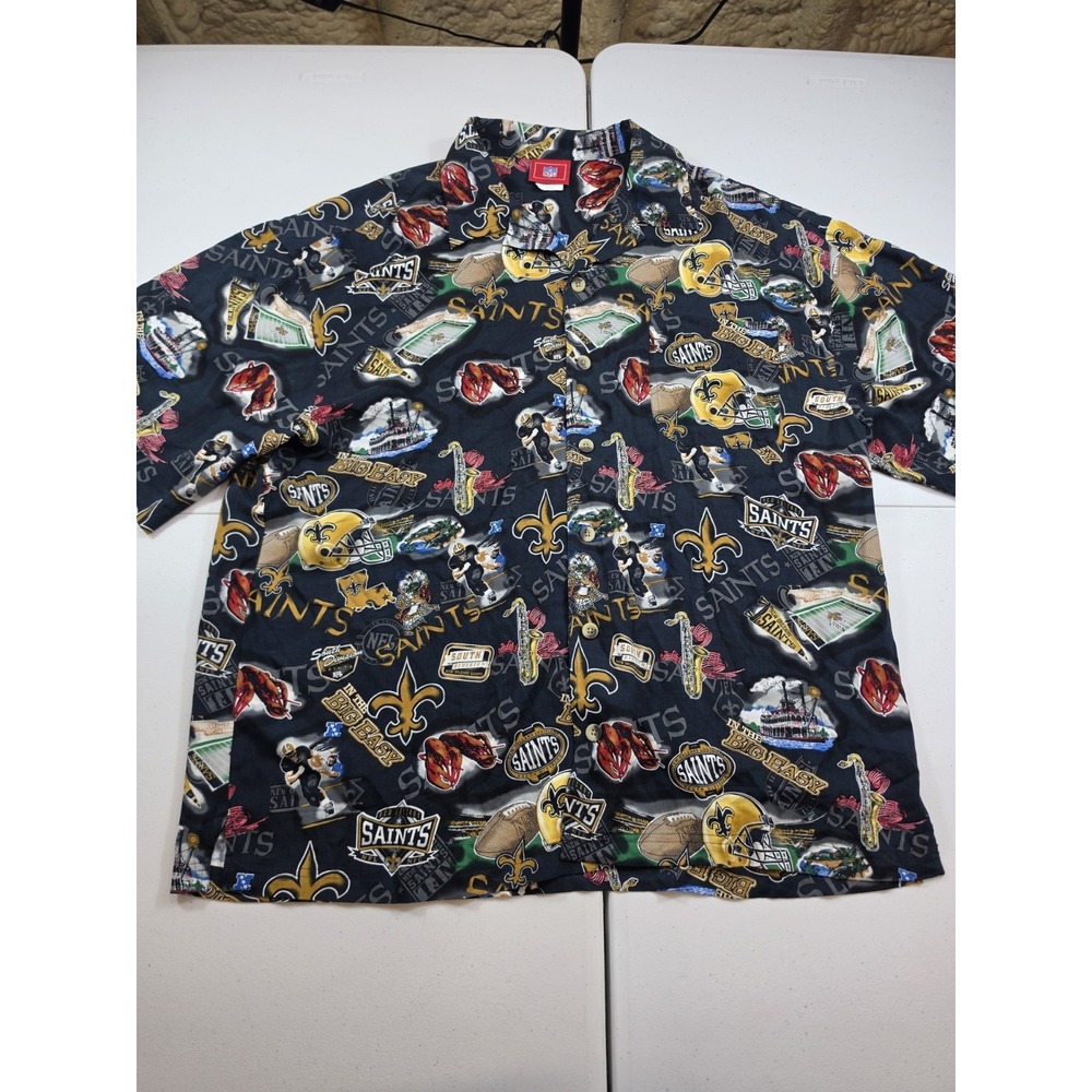 VTG New Orleans Saints Rayon Hawaiian Party Shirt Mens XL Black Gold AOP